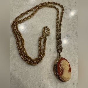 Victorian style lady Locket Necklace Rose Cameo Red and Ivory Circa 1970s